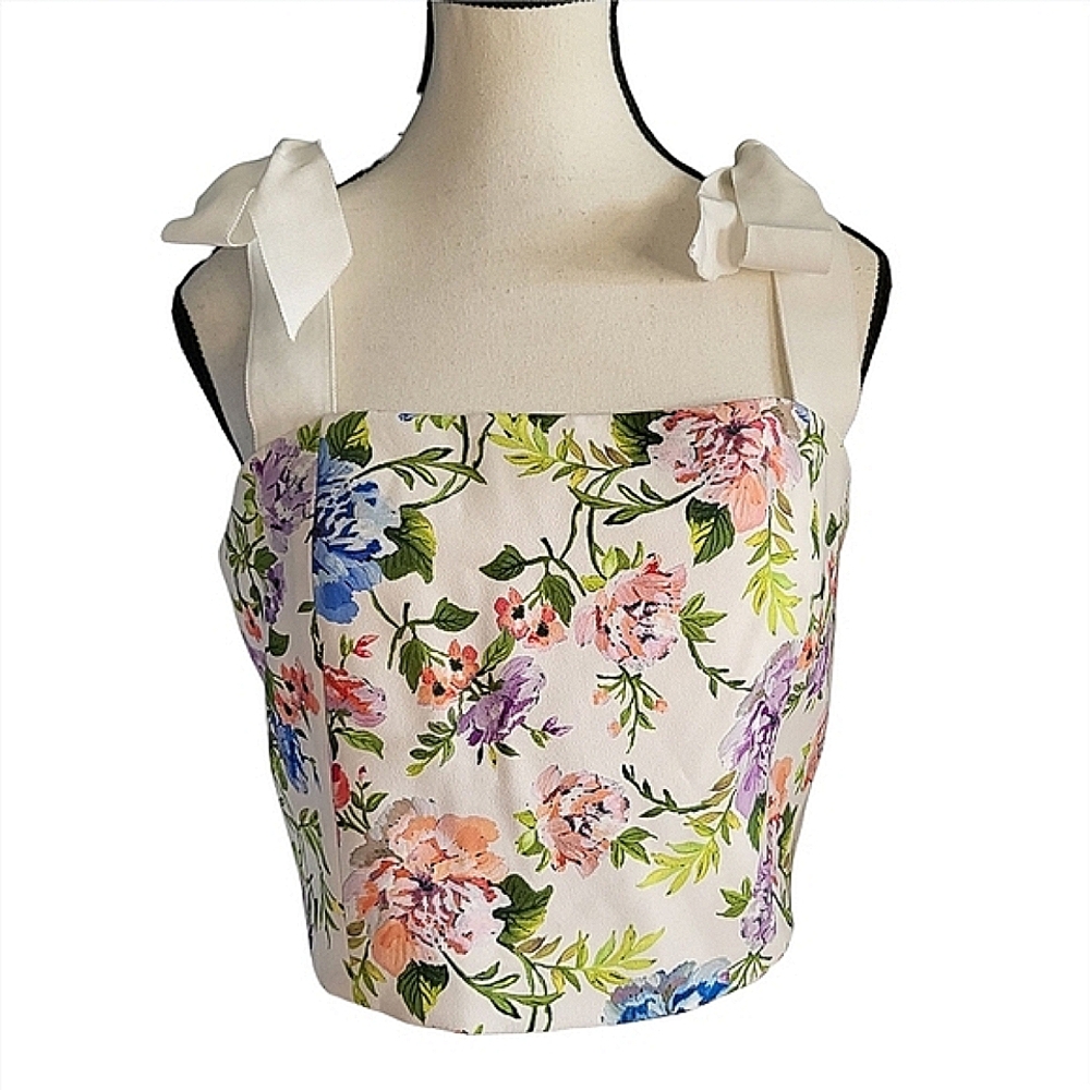 Alice + Olivia Floral Tie-Shoulder White Tank Top